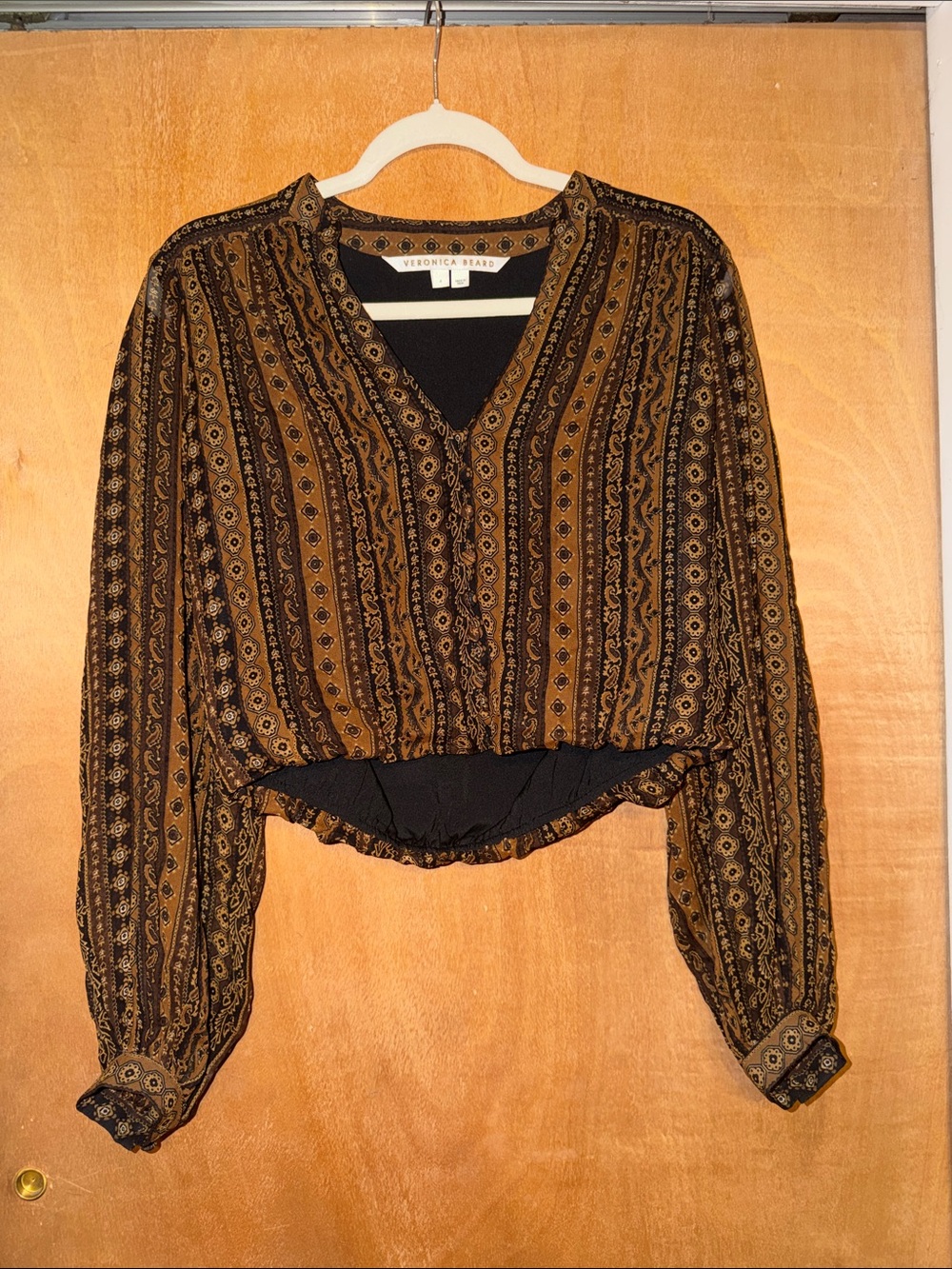 Veronica Beard Black and Mustard Striped Paisley V-Neck Blouse